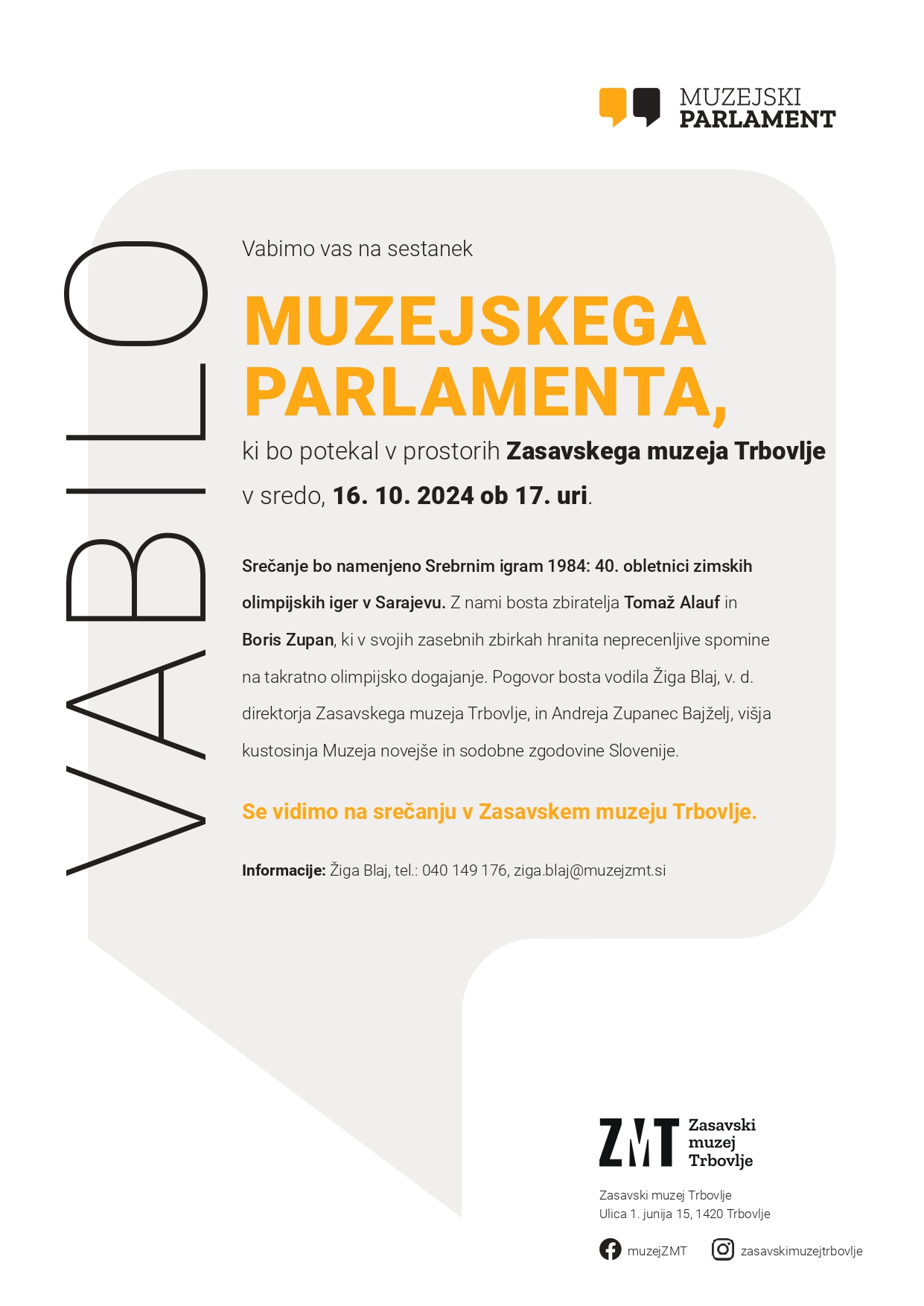 KONCNA 14. VABILO Muzejski parlament Srebrne igre 1984